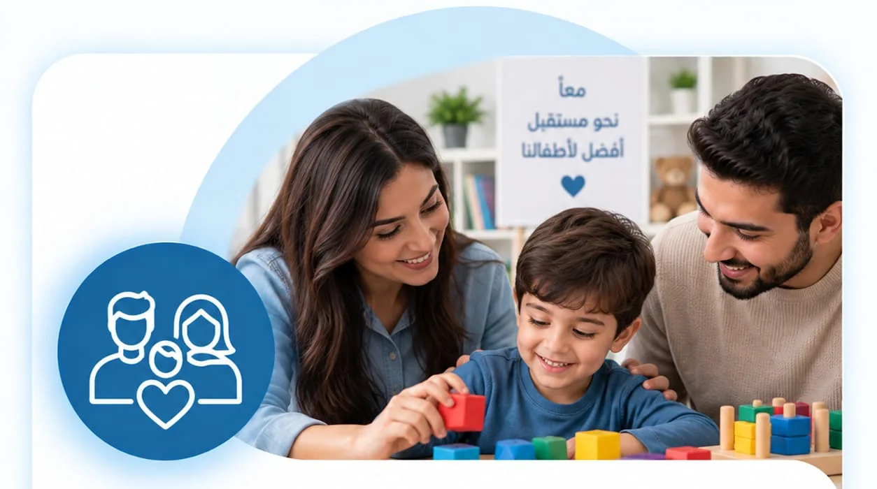 أب وأم يجلسان مع طفلهما وهو يركّب مكعبات ملوّنة على الطاولة.