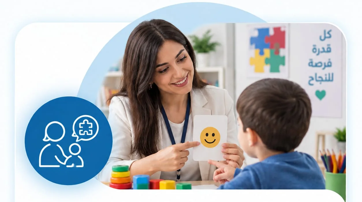 أخصائية تجلس مقابل طفل وتعرض عليه بطاقة تحمل وجهًا مبتسمًا، وحولهما ألعاب تعليمية ملوّنة.